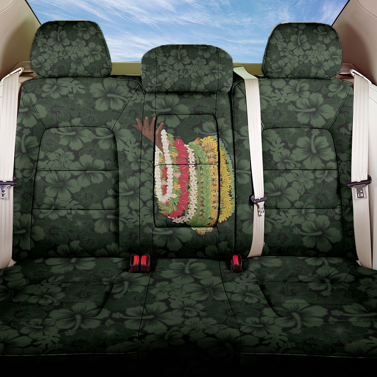 Hawaii Lei Kamehameha Back Car Seat Cover Oma'oma'o Seamless Pattern Hibiscus Flower LT9 One Size Green - Polynesian Pride