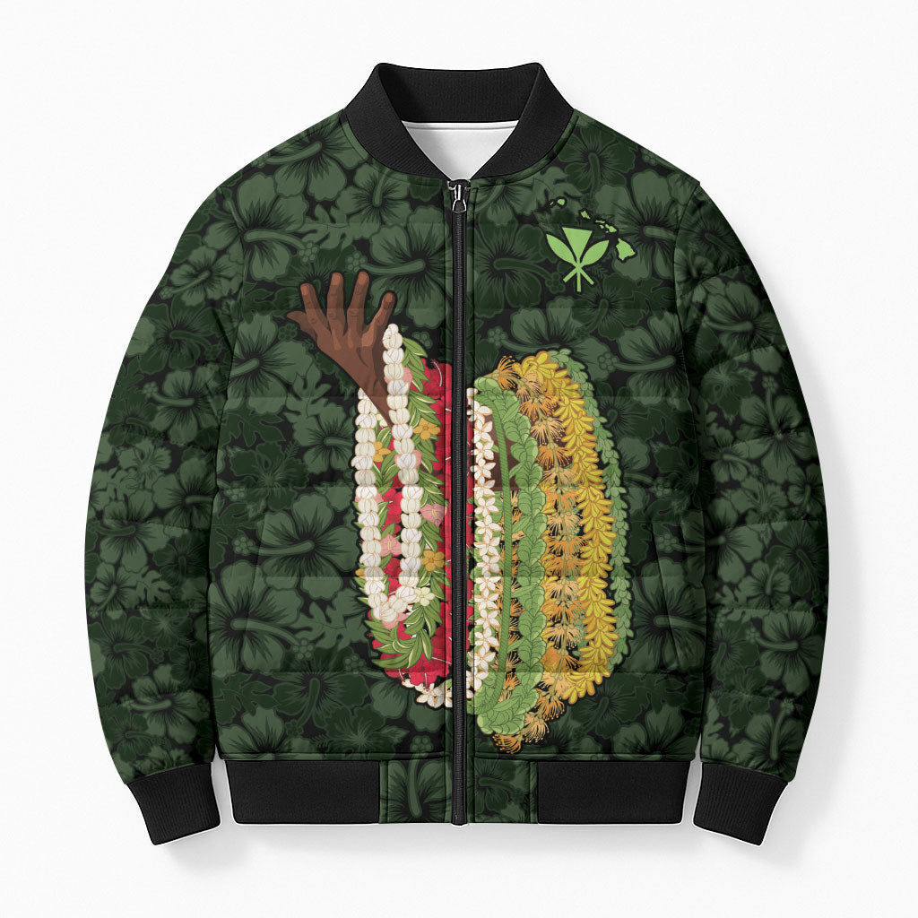 Hawaii Lei Kamehameha Bomber Puffer Jacket Oma'oma'o Seamless Pattern Hibiscus Flower LT9 Unisex Green - Polynesian Pride