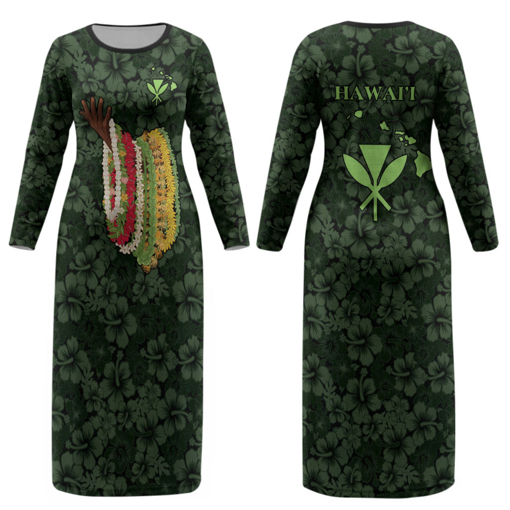 Hawaii Lei Kamehameha Couples Matching Long Sleeve Bodycon Dress and Long Sleeve Button Shirt Oma'oma'o Seamless Pattern Hibiscus Flower LT9 - Polynesian Pride