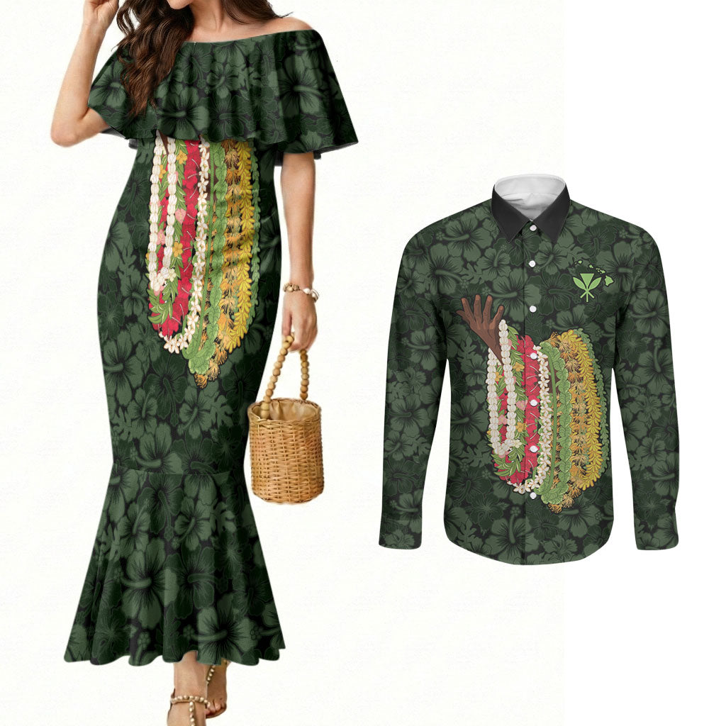 Hawaii Lei Kamehameha Couples Matching Mermaid Dress and Long Sleeve Button Shirt Oma'oma'o Seamless Pattern Hibiscus Flower LT9 Green - Polynesian Pride