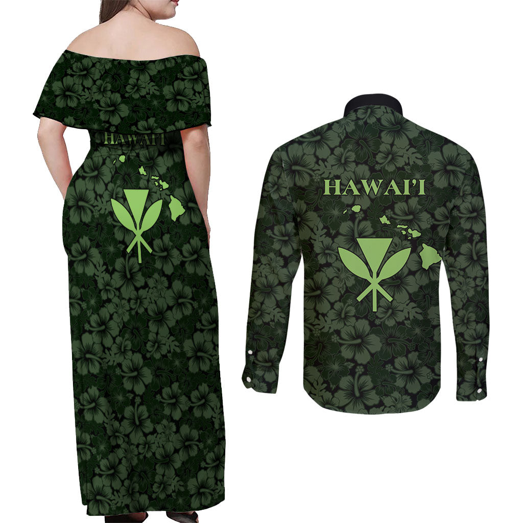 Hawaii Lei Kamehameha Couples Matching Off Shoulder Maxi Dress and Long Sleeve Button Shirt Oma'oma'o Seamless Pattern Hibiscus Flower