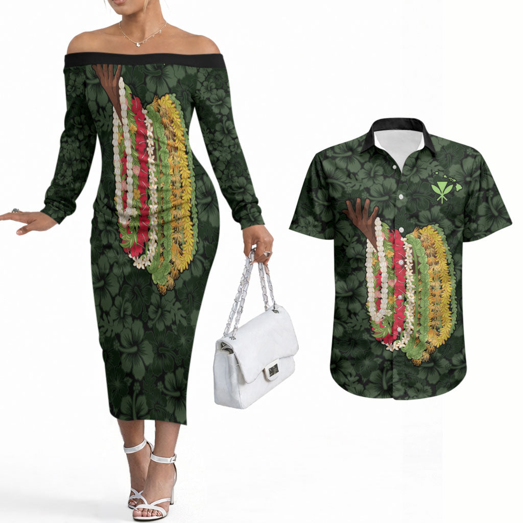 Hawaii Lei Kamehameha Couples Matching Off The Shoulder Long Sleeve Dress and Hawaiian Shirt Oma'oma'o Seamless Pattern Hibiscus Flower LT9 Green - Polynesian Pride