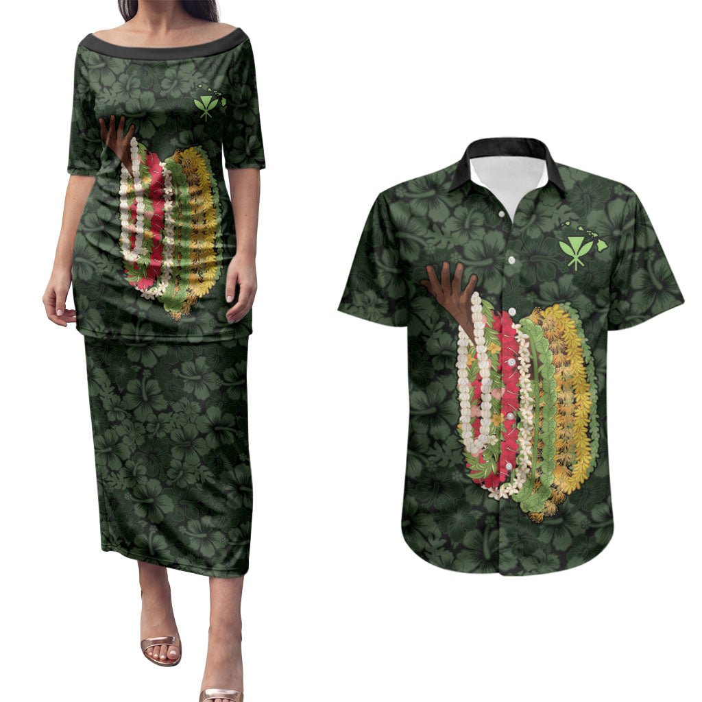 Hawaii Lei Kamehameha Couples Matching Puletasi and Hawaiian Shirt Oma'oma'o Seamless Pattern Hibiscus Flower LT9 Green - Polynesian Pride