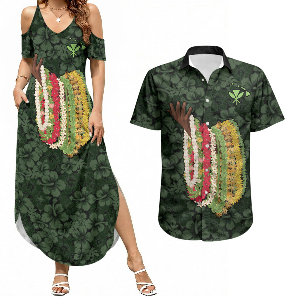 Hawaii Lei Kamehameha Couples Matching Summer Maxi Dress and Hawaiian Shirt Oma'oma'o Seamless Pattern Hibiscus Flower LT9 Green - Polynesian Pride