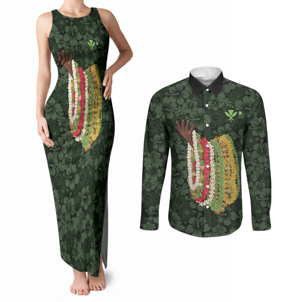 Hawaii Lei Kamehameha Couples Matching Tank Maxi Dress and Long Sleeve Button Shirt Oma'oma'o Seamless Pattern Hibiscus Flower LT9 Green - Polynesian Pride