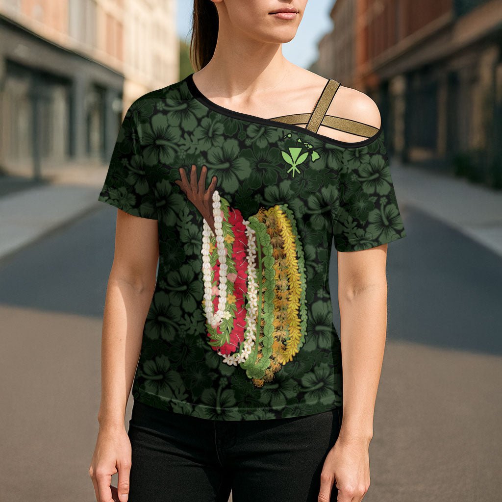 Hawaii Lei Kamehameha Cross Shoulder Shirt Oma'oma'o Seamless Pattern Hibiscus Flower