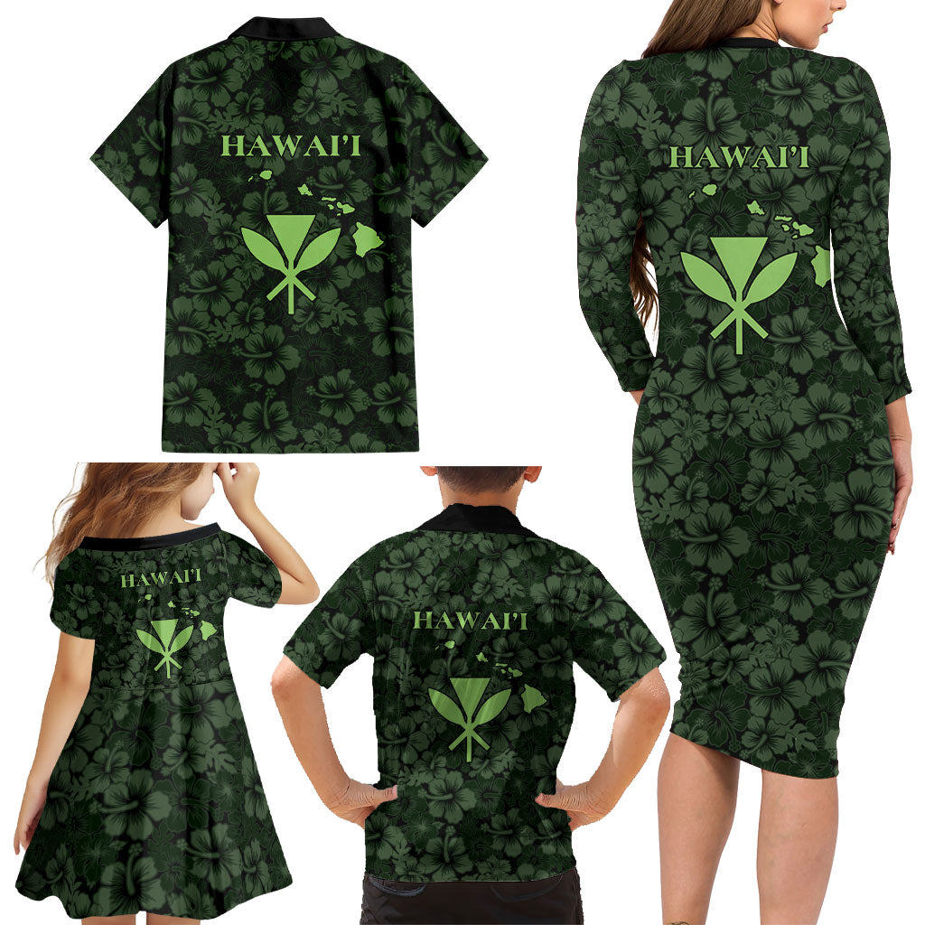Hawaii Lei Kamehameha Family Matching Long Sleeve Bodycon Dress and Hawaiian Shirt Oma'oma'o Seamless Pattern Hibiscus Flower LT9 - Polynesian Pride