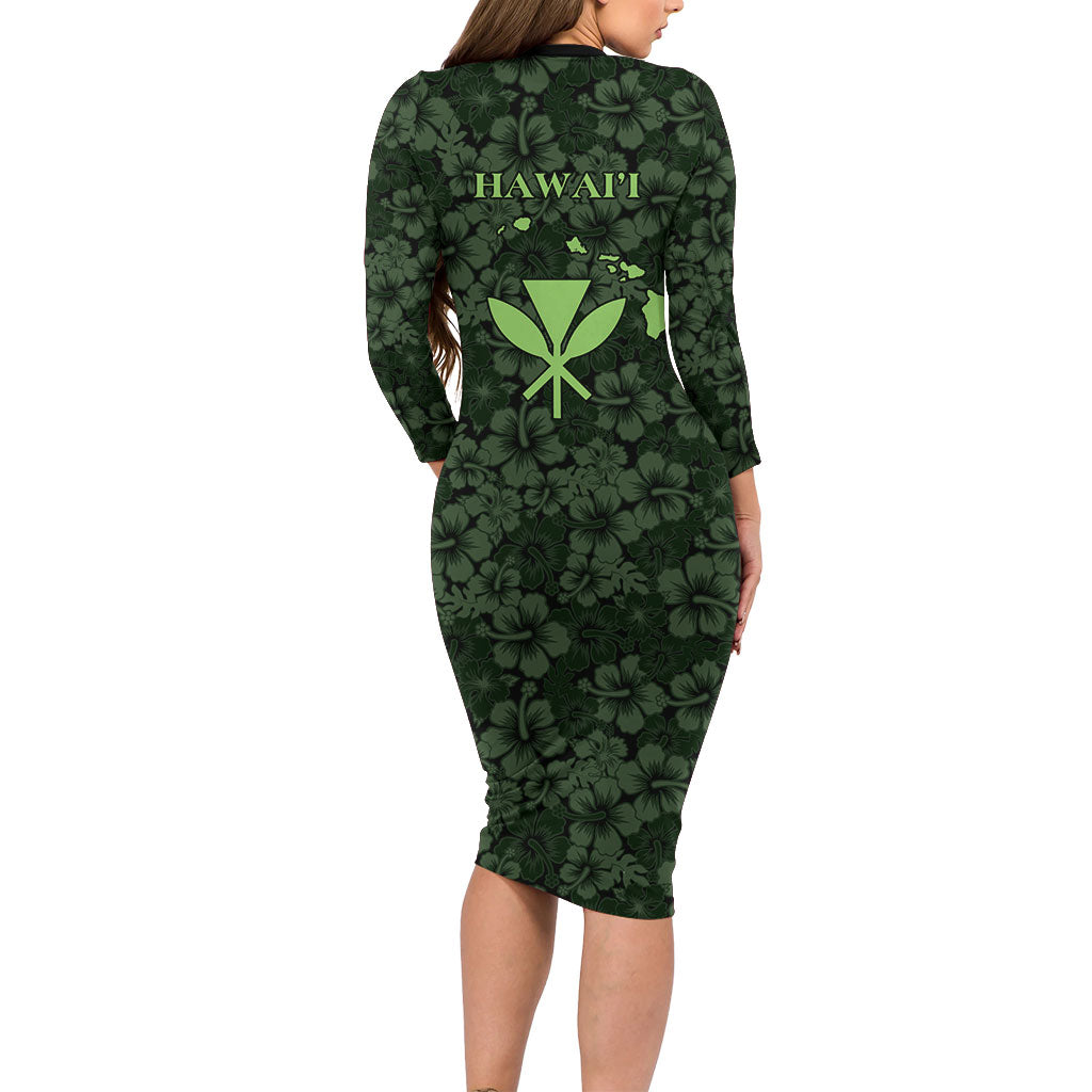 Hawaii Lei Kamehameha Family Matching Long Sleeve Bodycon Dress and Hawaiian Shirt Oma'oma'o Seamless Pattern Hibiscus Flower LT9 - Polynesian Pride