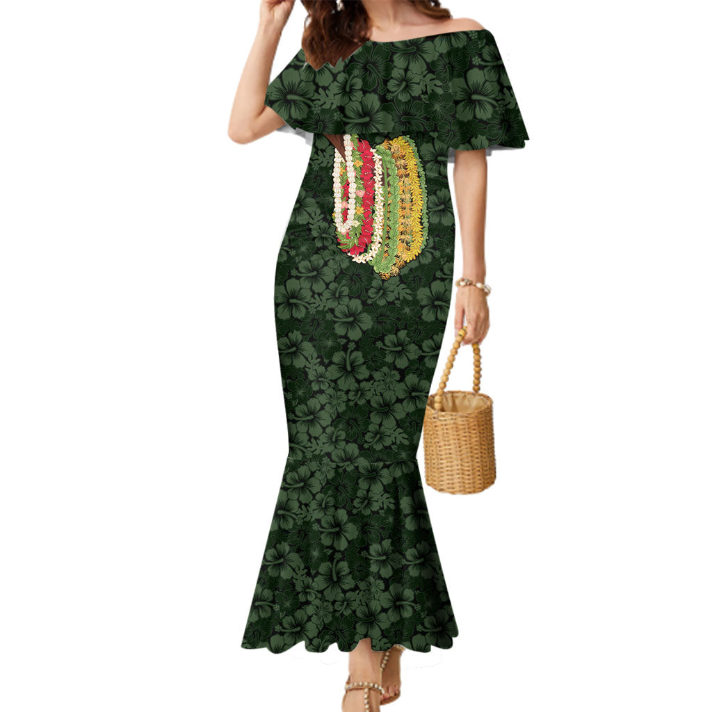 Hawaii Lei Kamehameha Family Matching Mermaid Dress and Hawaiian Shirt Oma'oma'o Seamless Pattern Hibiscus Flower LT9 Mom's Dress Green - Polynesian Pride
