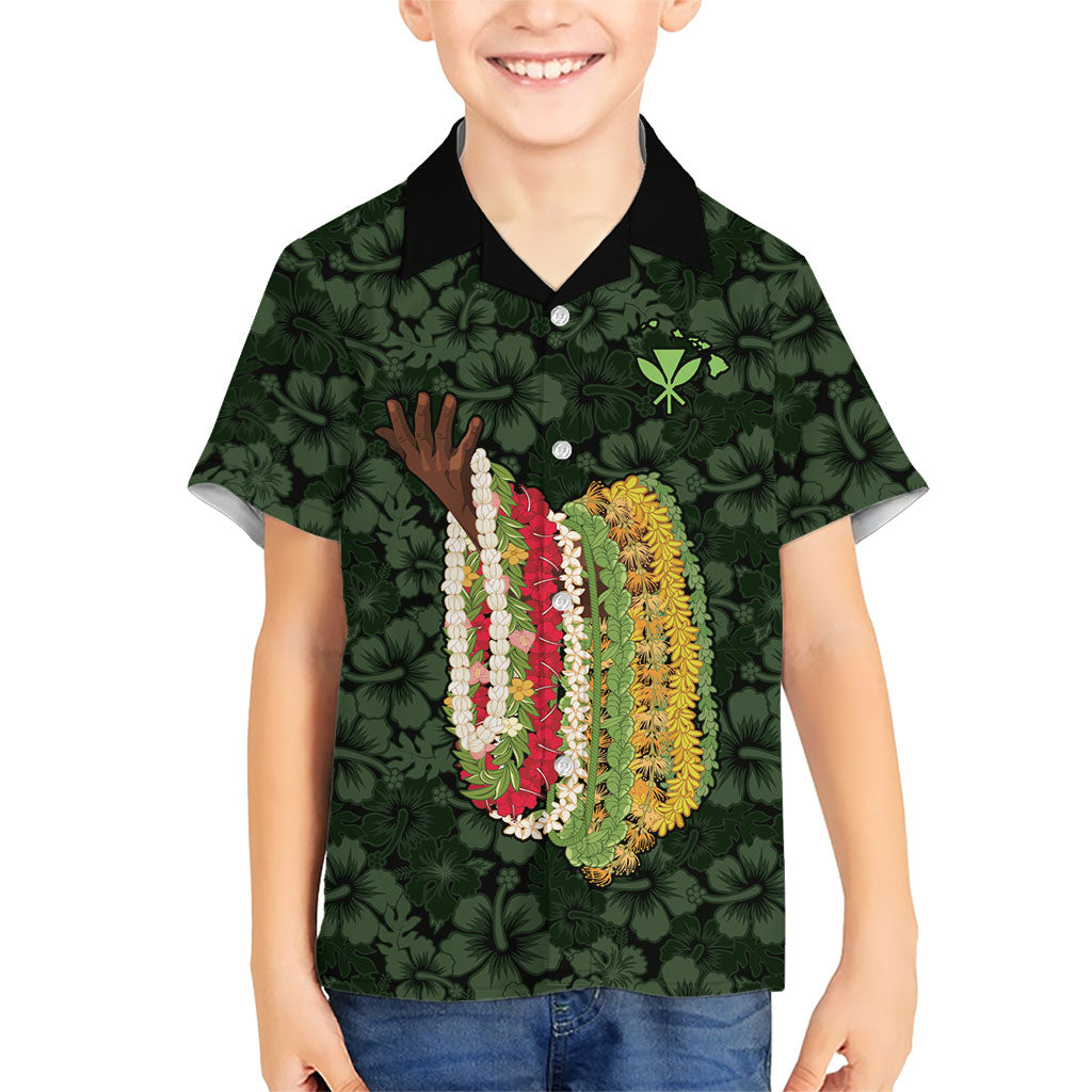 Hawaii Lei Kamehameha Family Matching Mermaid Dress and Hawaiian Shirt Oma'oma'o Seamless Pattern Hibiscus Flower LT9 Son's Shirt Green - Polynesian Pride