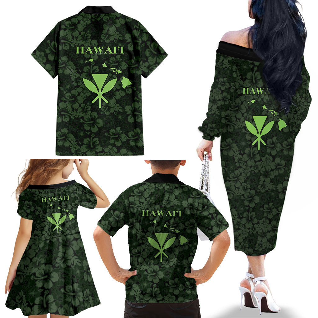 Hawaii Lei Kamehameha Family Matching Off The Shoulder Long Sleeve Dress and Hawaiian Shirt Oma'oma'o Seamless Pattern Hibiscus Flower LT9 - Polynesian Pride