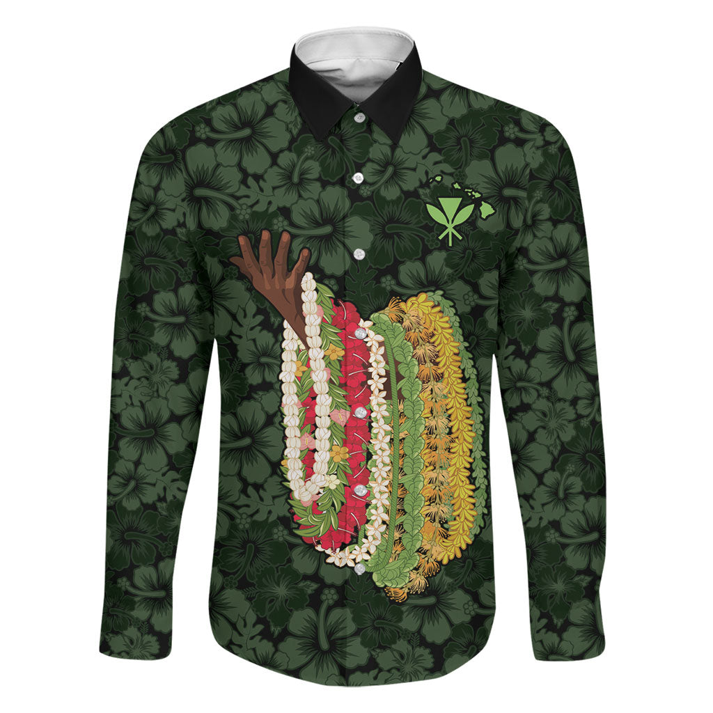 Hawaii Lei Kamehameha Family Matching Off Shoulder Maxi Dress and Hawaiian Shirt Oma'oma'o Seamless Pattern Hibiscus Flower LT9 Dad's Shirt - Long Sleeve Green - Polynesian Pride