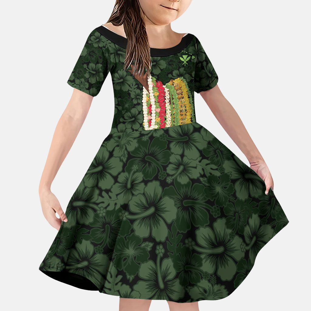 Hawaii Lei Kamehameha Family Matching Off Shoulder Short Dress and Hawaiian Shirt Oma'oma'o Seamless Pattern Hibiscus Flower LT9 Daughter's Dress Green - Polynesian Pride
