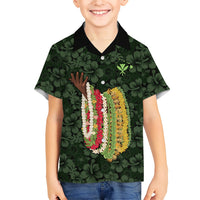 Hawaii Lei Kamehameha Family Matching Off Shoulder Short Dress and Hawaiian Shirt Oma'oma'o Seamless Pattern Hibiscus Flower LT9 Son's Shirt Green - Polynesian Pride