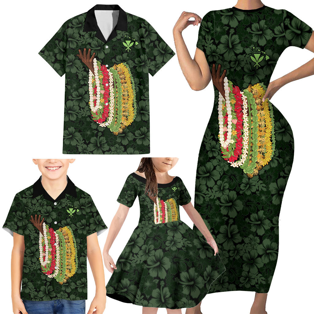 Hawaii Lei Kamehameha Family Matching Short Sleeve Bodycon Dress and Hawaiian Shirt Oma'oma'o Seamless Pattern Hibiscus Flower LT9 - Polynesian Pride