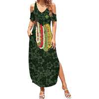 Hawaii Lei Kamehameha Family Matching Summer Maxi Dress and Hawaiian Shirt Oma'oma'o Seamless Pattern Hibiscus Flower LT9 Mom's Dress Green - Polynesian Pride