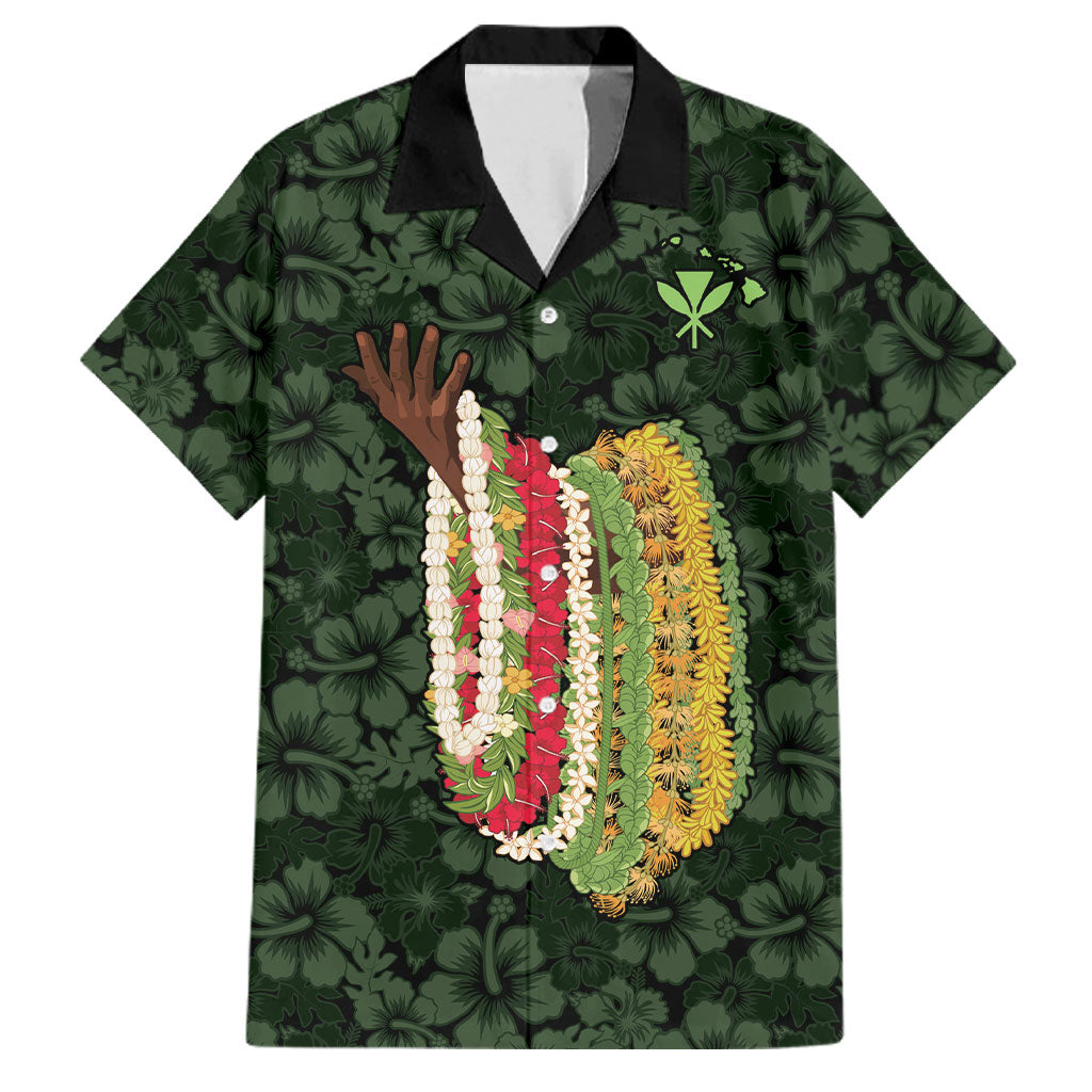 Hawaii Lei Kamehameha Family Matching Tank Maxi Dress and Hawaiian Shirt Oma'oma'o Seamless Pattern Hibiscus Flower LT9 Dad's Shirt - Short Sleeve Green - Polynesian Pride