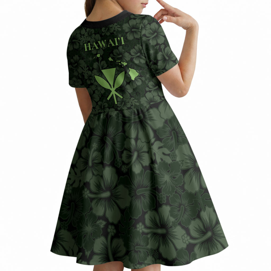 Hawaii Lei Kamehameha Kid Short Sleeve Dress Oma'oma'o Seamless Pattern Hibiscus Flower LT9 - Polynesian Pride
