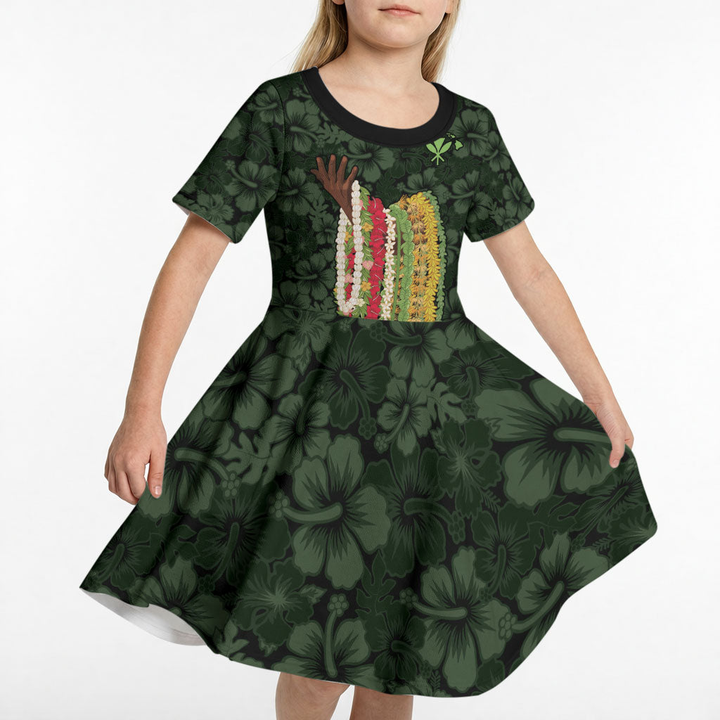 Hawaii Lei Kamehameha Kid Short Sleeve Dress Oma'oma'o Seamless Pattern Hibiscus Flower LT9 - Polynesian Pride