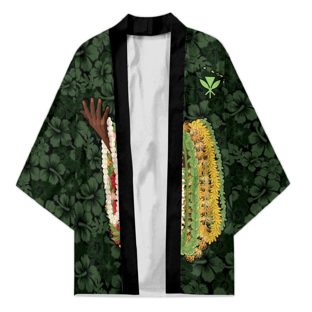 Hawaii Lei Kamehameha Kimono Oma'oma'o Seamless Pattern Hibiscus Flower LT9 Unisex Green - Polynesian Pride
