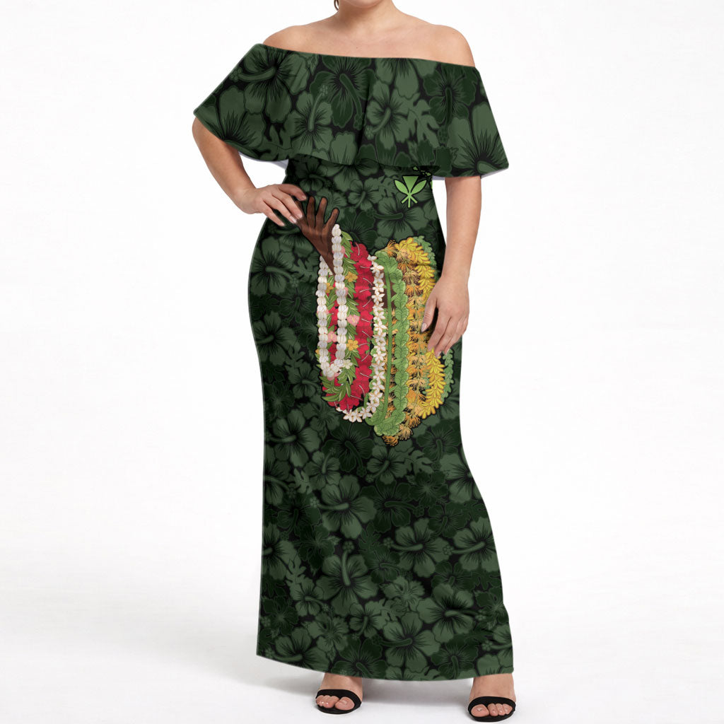 Hawaii Lei Kamehameha Off Shoulder Maxi Dress Oma'oma'o Seamless Pattern Hibiscus Flower LT9 Women Green - Polynesian Pride