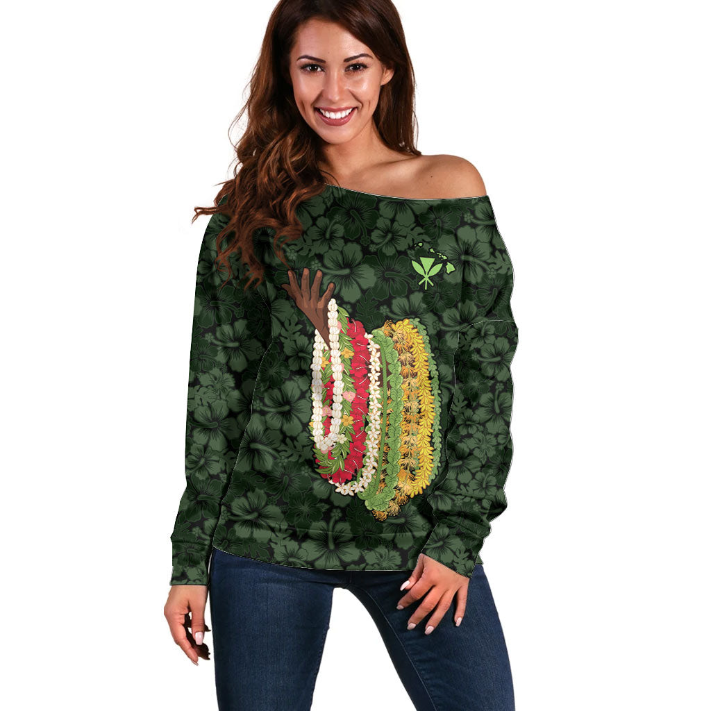 Hawaii Lei Kamehameha Off Shoulder Sweater Oma'oma'o Seamless Pattern Hibiscus Flower LT9 Women Green - Polynesian Pride