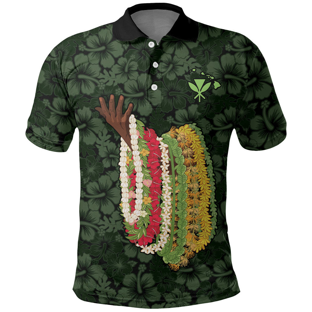 Hawaii Lei Kamehameha Polo Shirt Oma'oma'o Seamless Pattern Hibiscus Flower LT9 Green - Polynesian Pride