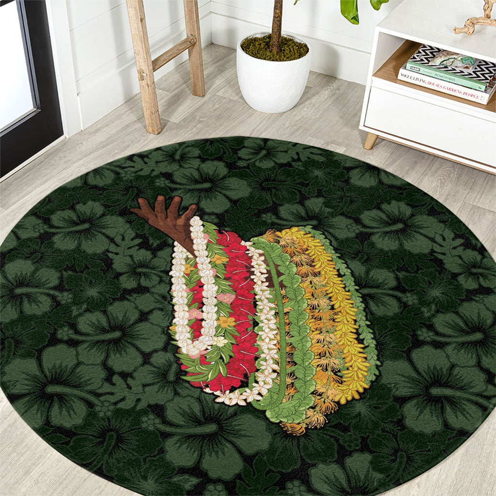 Hawaii Lei Kamehameha Round Carpet Oma'oma'o Seamless Pattern Hibiscus Flower LT9 Green - Polynesian Pride