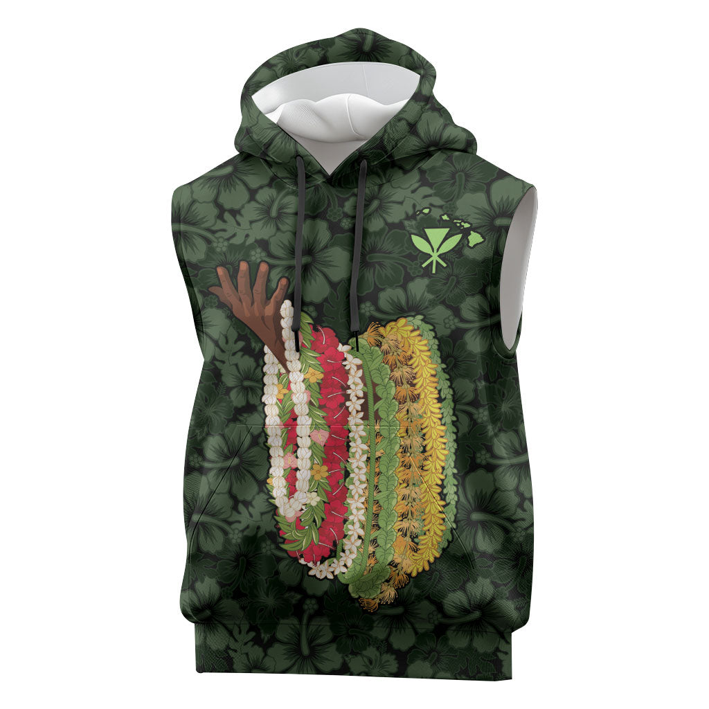 Hawaii Lei Kamehameha Sleeveless Hoodie Oma'oma'o Seamless Pattern Hibiscus Flower