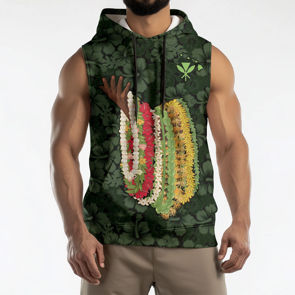 Hawaii Lei Kamehameha Sleeveless Hoodie Oma'oma'o Seamless Pattern Hibiscus Flower