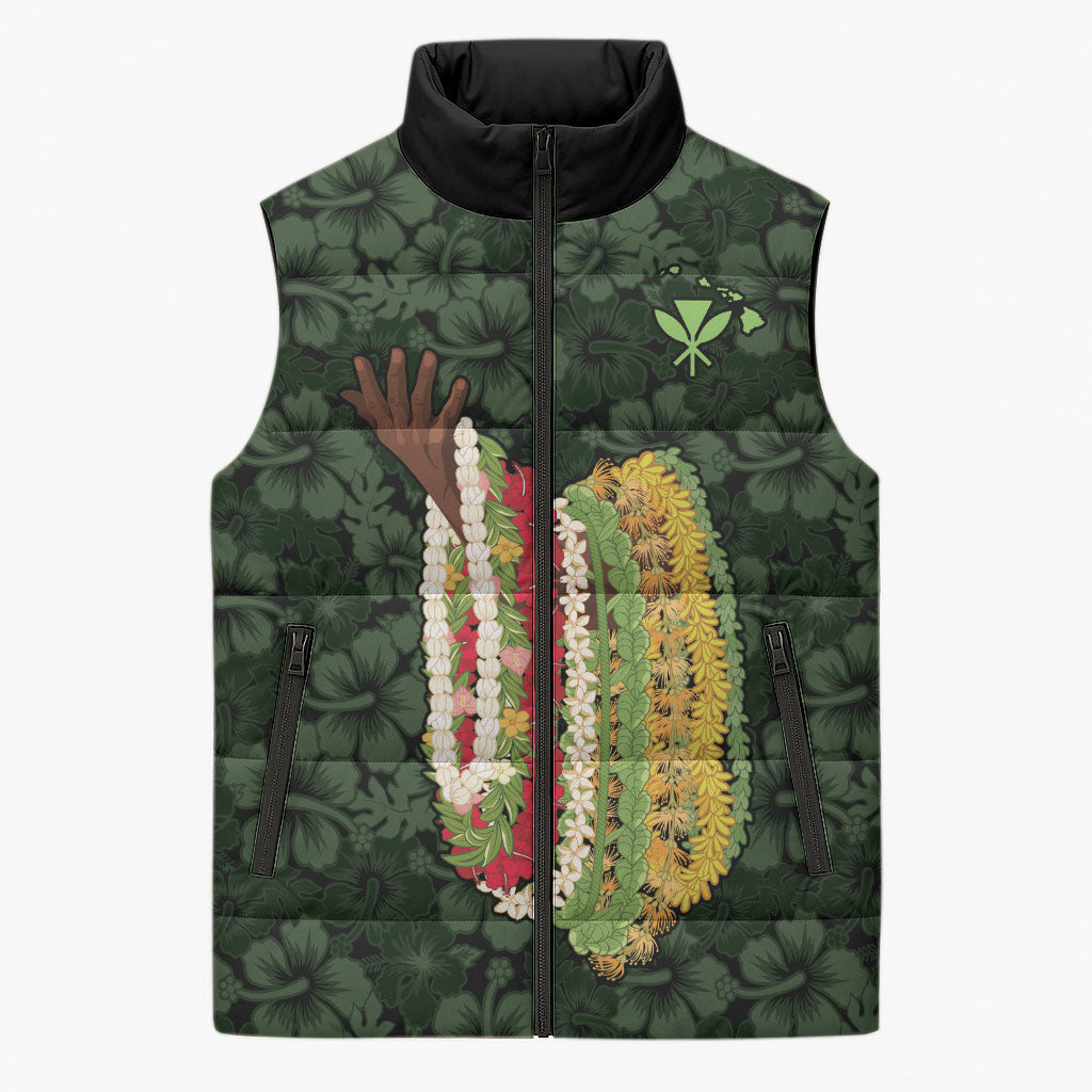 Hawaii Lei Kamehameha Sleeveless Puffer Jacket Oma'oma'o Seamless Pattern Hibiscus Flower