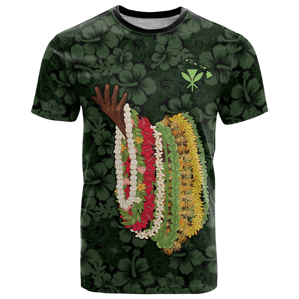 Hawaii Lei Kamehameha T Shirt Oma'oma'o Seamless Pattern Hibiscus Flower LT9 Green - Polynesian Pride