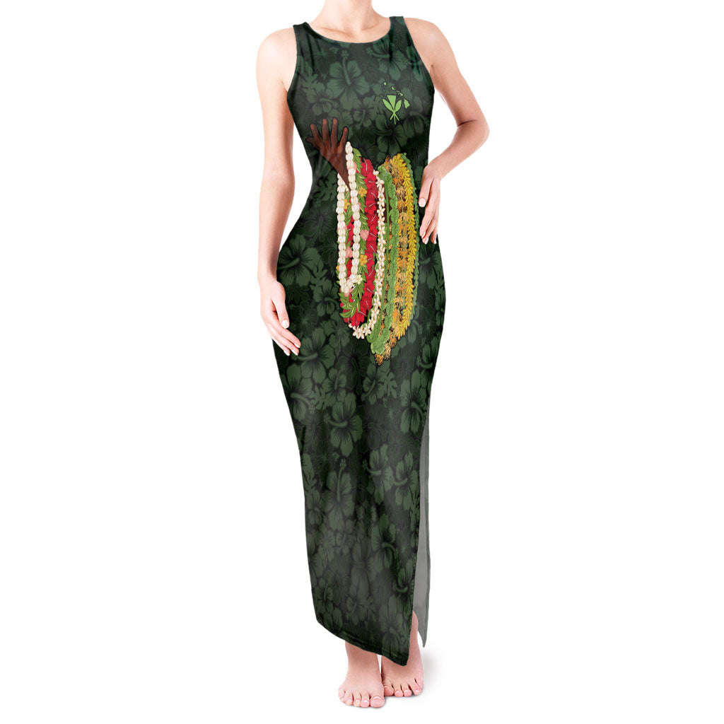 Hawaii Lei Kamehameha Tank Maxi Dress Oma'oma'o Seamless Pattern Hibiscus Flower