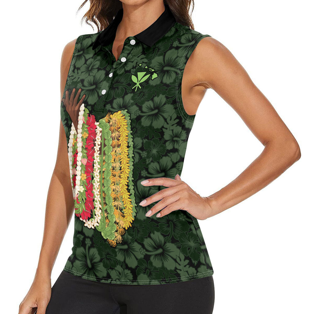 Hawaii Lei Kamehameha Women Sleeveless Polo Shirt Oma'oma'o Seamless Pattern Hibiscus Flower