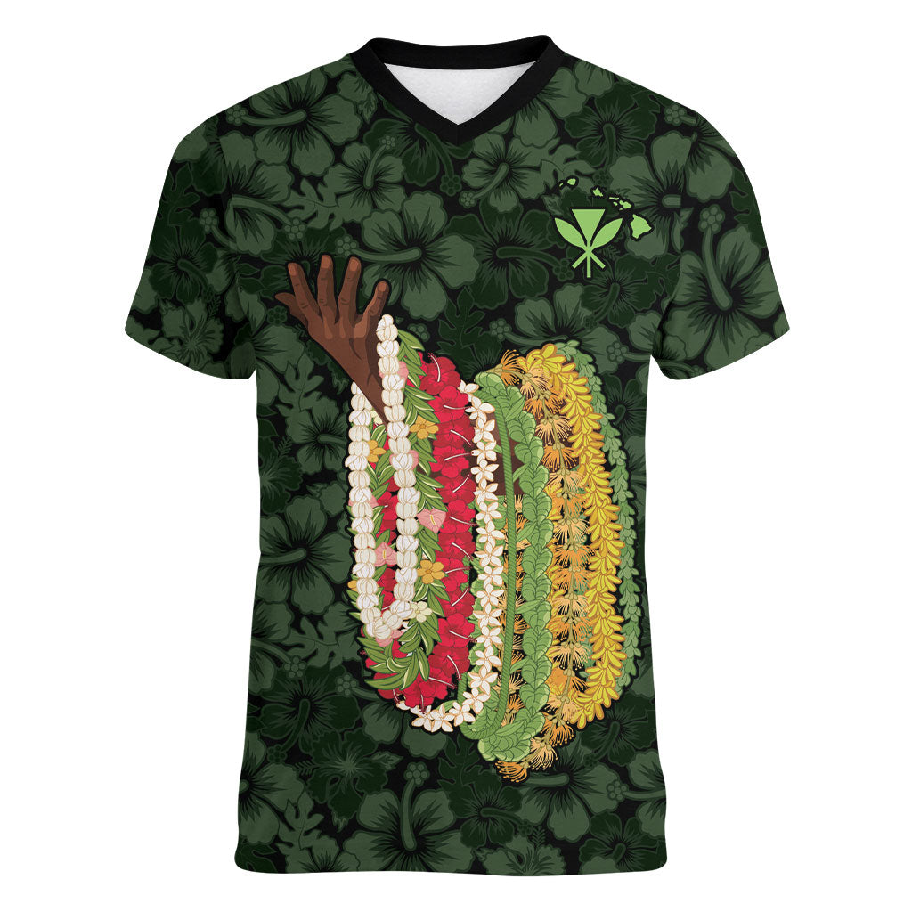 Hawaii Lei Kamehameha Women V-Neck T-Shirt Oma'oma'o Seamless Pattern Hibiscus Flower