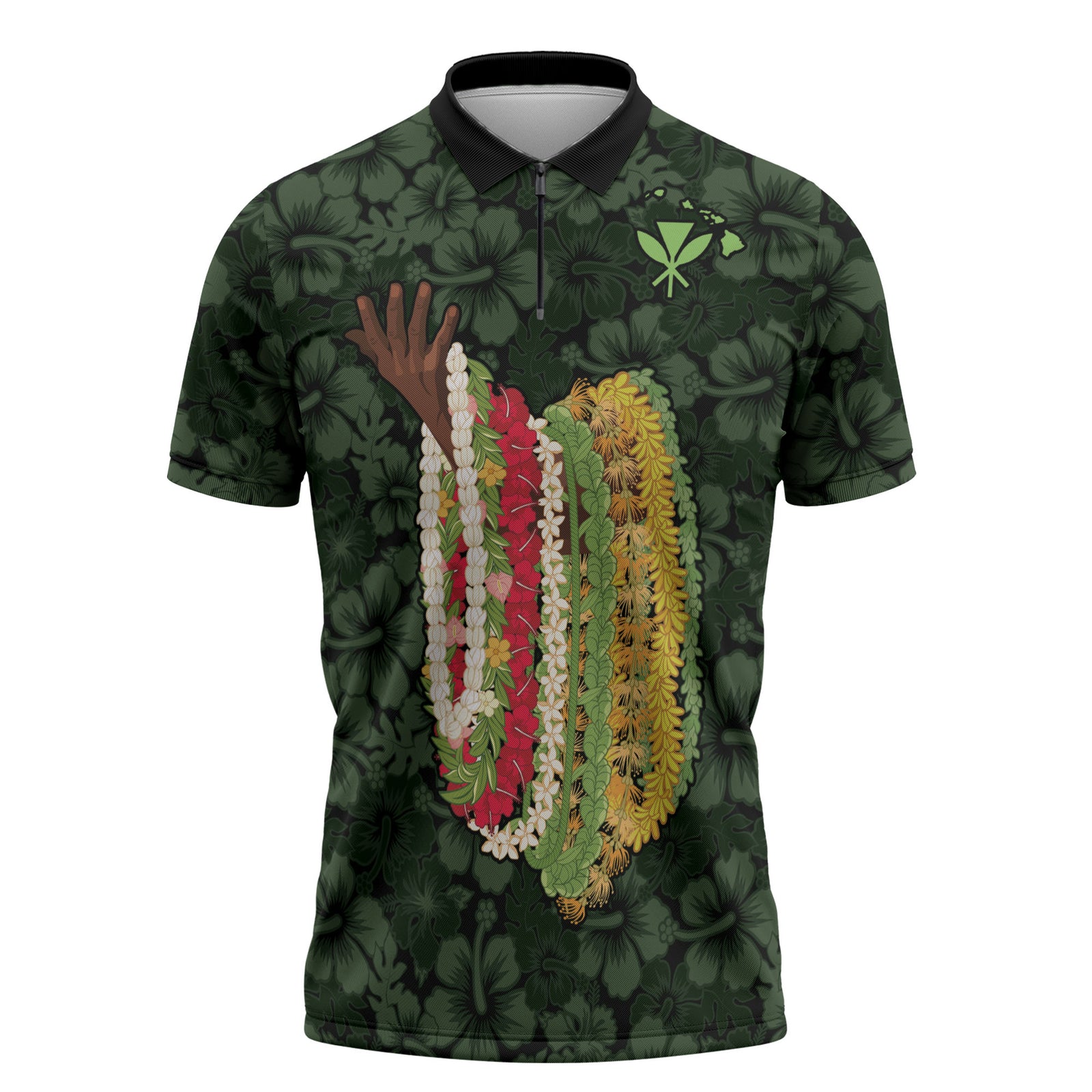 Hawaii Lei Kamehameha Zipper Polo Shirt Oma'oma'o Seamless Pattern Hibiscus Flower LT9 Green - Polynesian Pride
