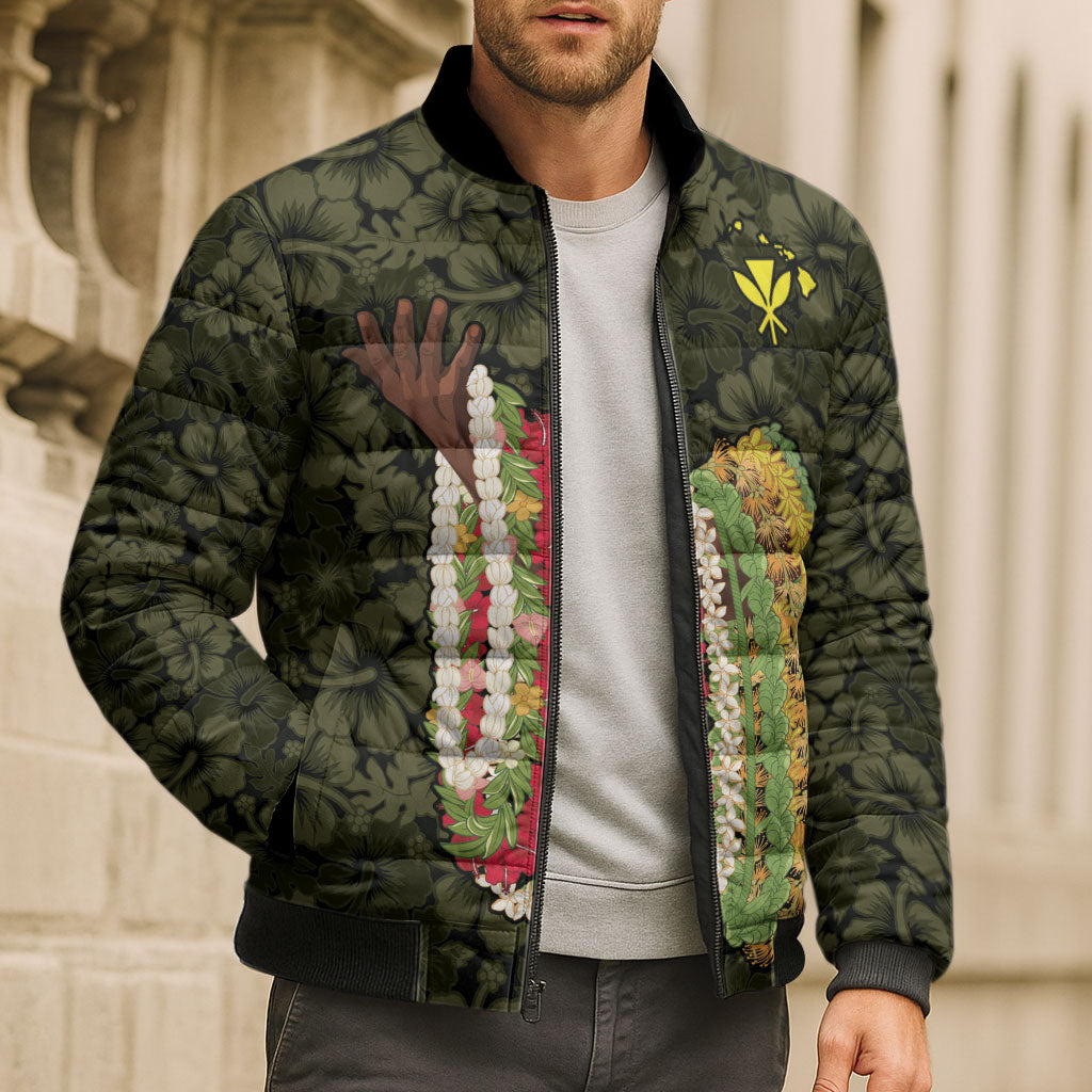 Hawaii Lei Kamehameha Bomber Puffer Jacket Melemele Seamless Pattern Hibiscus Flower
