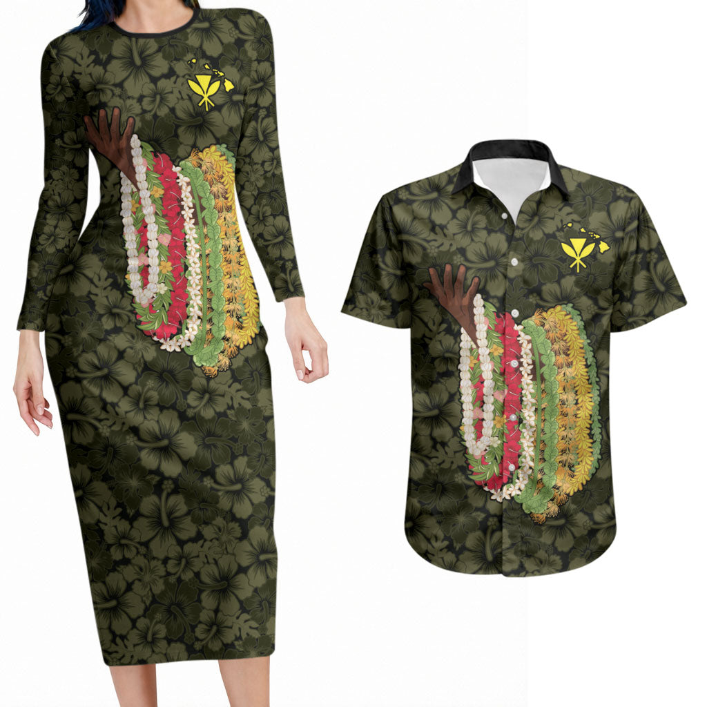 Hawaii Lei Kamehameha Couples Matching Long Sleeve Bodycon Dress and Hawaiian Shirt Melemele Seamless Pattern Hibiscus Flower LT9 Yellow - Polynesian Pride