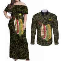 Hawaii Lei Kamehameha Couples Matching Off Shoulder Maxi Dress and Long Sleeve Button Shirt Melemele Seamless Pattern Hibiscus Flower