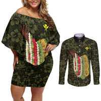 Hawaii Lei Kamehameha Couples Matching Off Shoulder Short Dress and Long Sleeve Button Shirt Melemele Seamless Pattern Hibiscus Flower