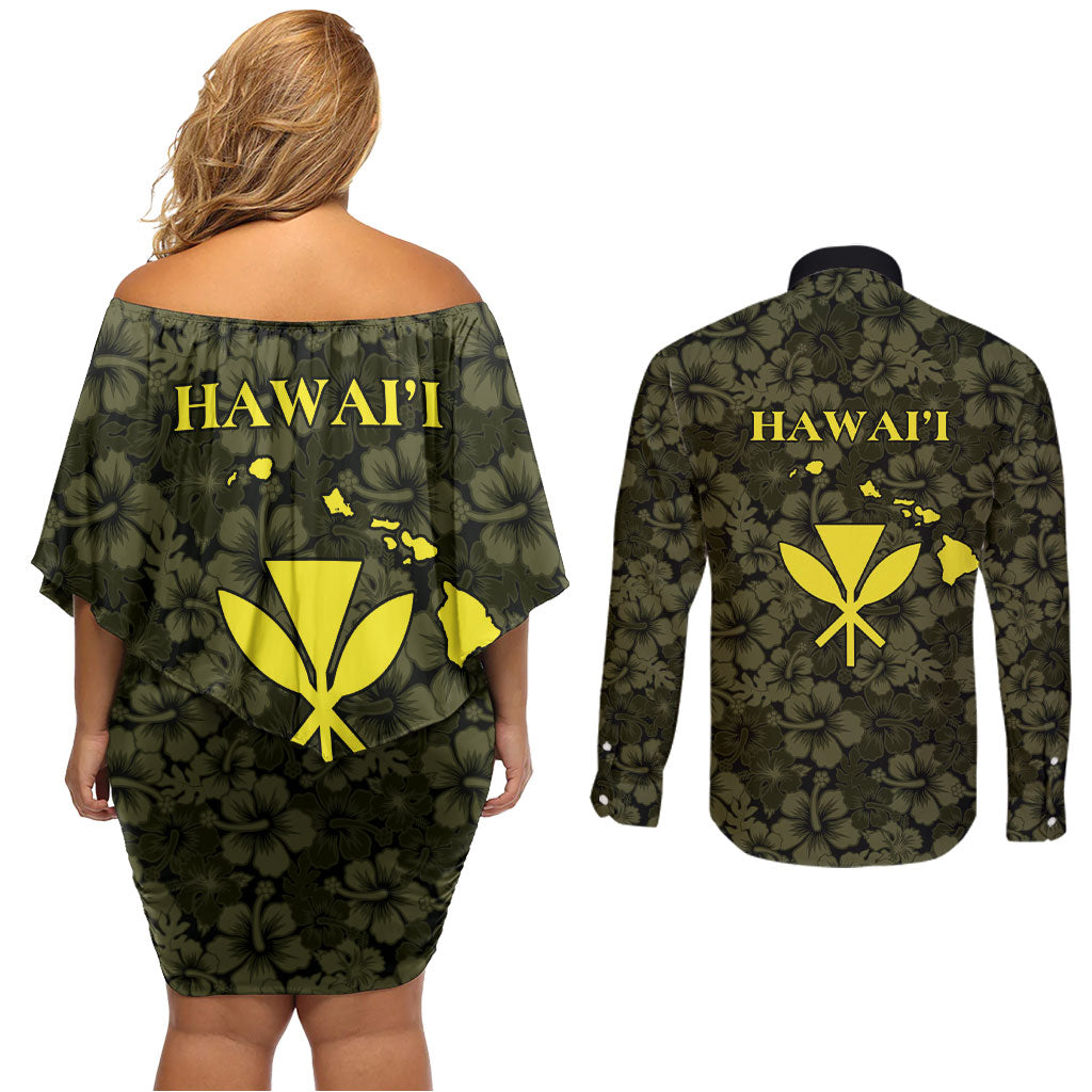 Hawaii Lei Kamehameha Couples Matching Off Shoulder Short Dress and Long Sleeve Button Shirt Melemele Seamless Pattern Hibiscus Flower