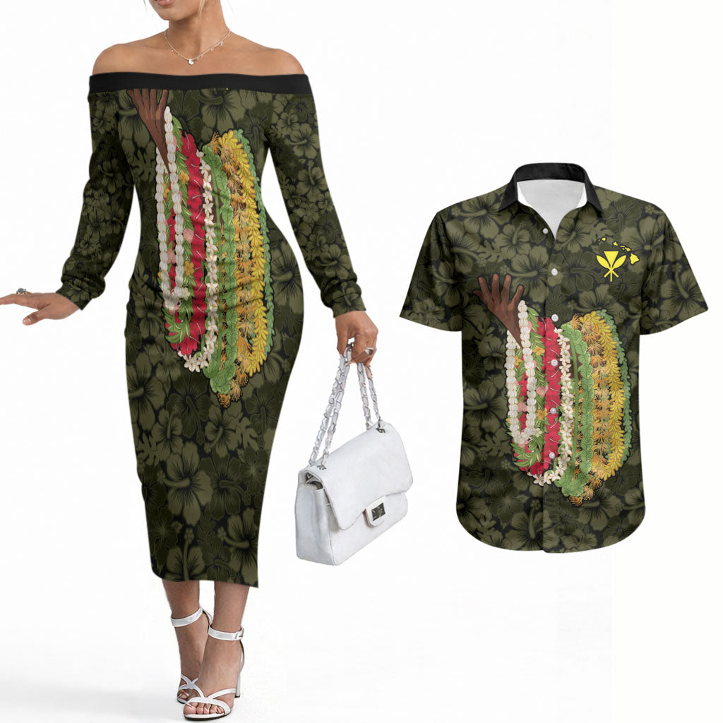 Hawaii Lei Kamehameha Couples Matching Off The Shoulder Long Sleeve Dress and Hawaiian Shirt Melemele Seamless Pattern Hibiscus Flower LT9 Yellow - Polynesian Pride