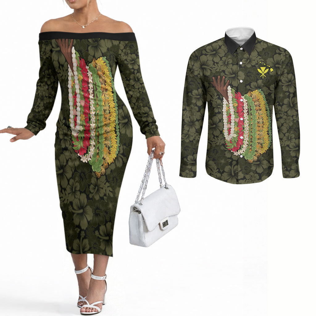 Hawaii Lei Kamehameha Couples Matching Off The Shoulder Long Sleeve Dress and Long Sleeve Button Shirt Melemele Seamless Pattern Hibiscus Flower LT9 Yellow - Polynesian Pride