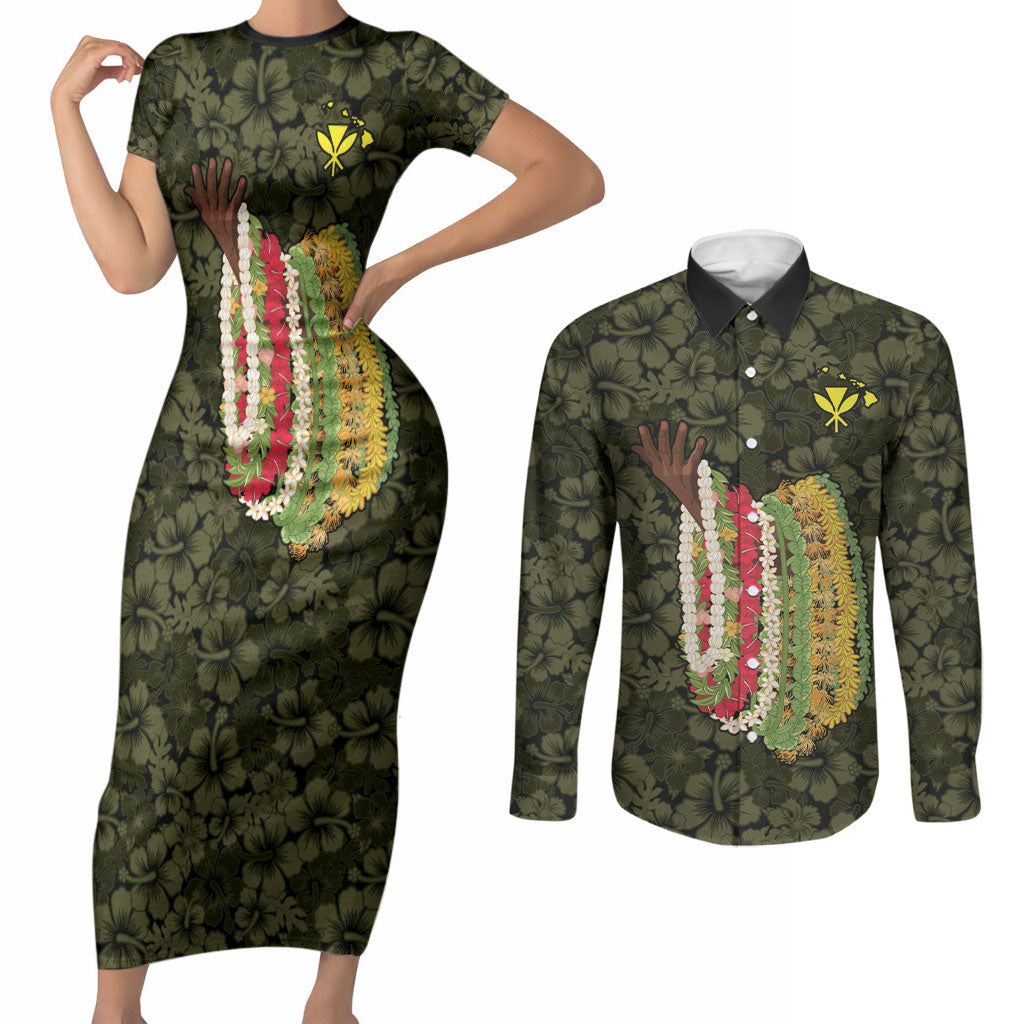 Hawaii Lei Kamehameha Couples Matching Short Sleeve Bodycon Dress and Long Sleeve Button Shirt Melemele Seamless Pattern Hibiscus Flower LT9 Yellow - Polynesian Pride