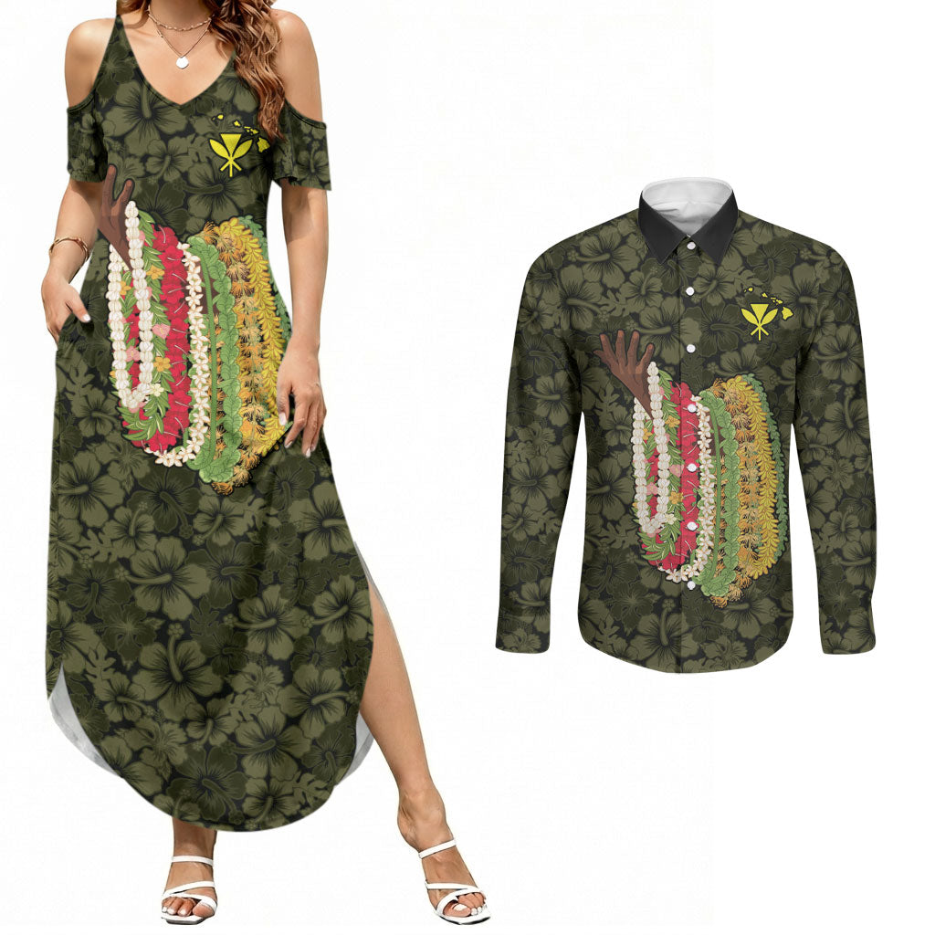 Hawaii Lei Kamehameha Couples Matching Summer Maxi Dress and Long Sleeve Button Shirt Melemele Seamless Pattern Hibiscus Flower LT9 Yellow - Polynesian Pride