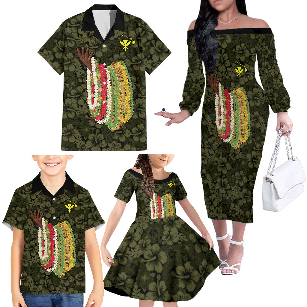 Hawaii Lei Kamehameha Family Matching Off The Shoulder Long Sleeve Dress and Hawaiian Shirt Melemele Seamless Pattern Hibiscus Flower LT9 - Polynesian Pride