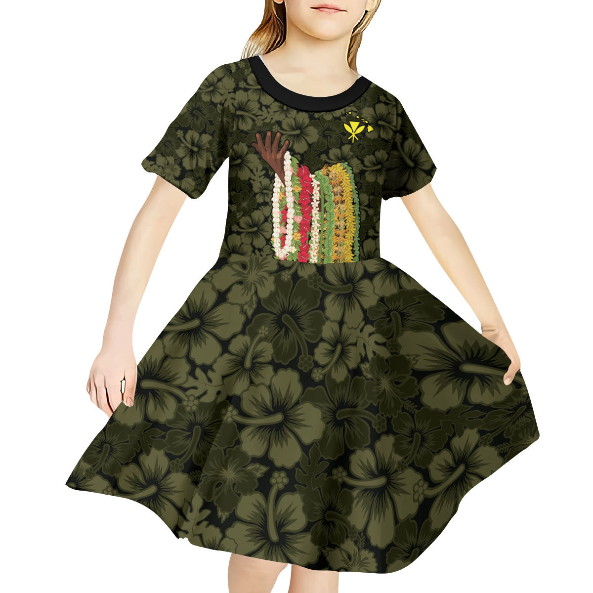 Hawaii Lei Kamehameha Kid Short Sleeve Dress Melemele Seamless Pattern Hibiscus Flower