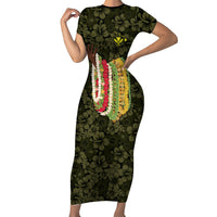 Hawaii Lei Kamehameha Short Sleeve Bodycon Dress Melemele Seamless Pattern Hibiscus Flower