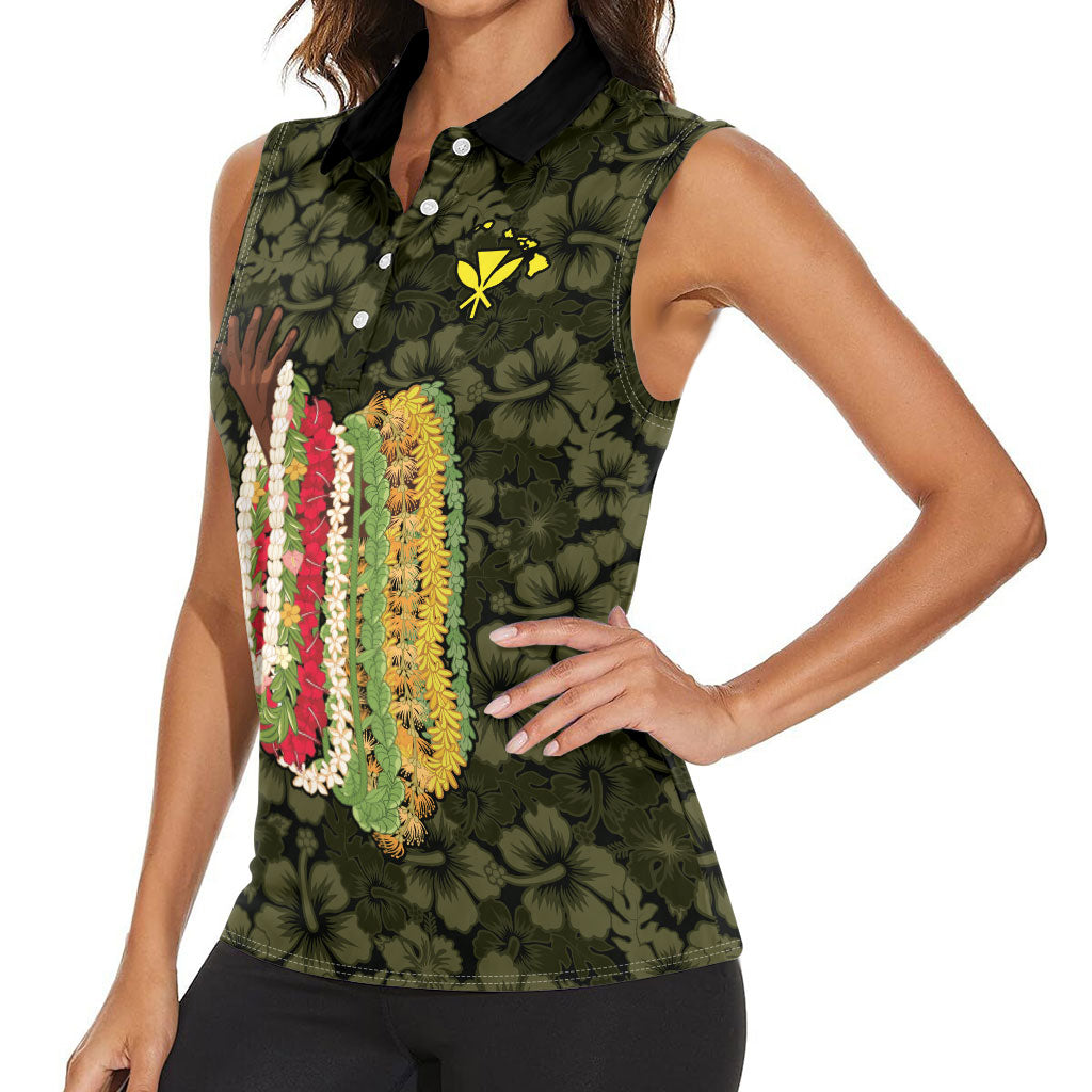Hawaii Lei Kamehameha Women Sleeveless Polo Shirt Melemele Seamless Pattern Hibiscus Flower