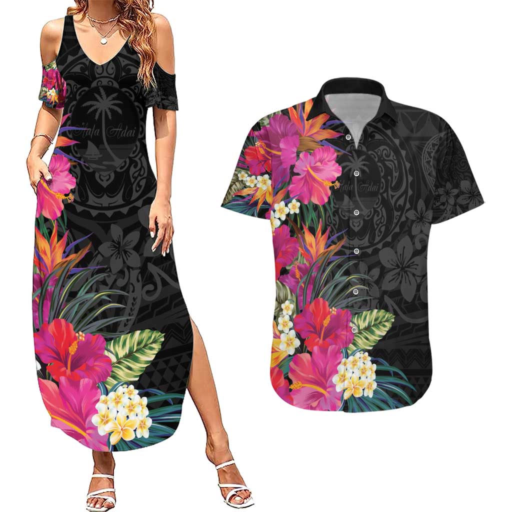 Hafa Adai Guam Couples Matching Summer Maxi Dress and Hawaiian Shirt Tropical Flowers Colorful Vibes LT9 Black - Polynesian Pride